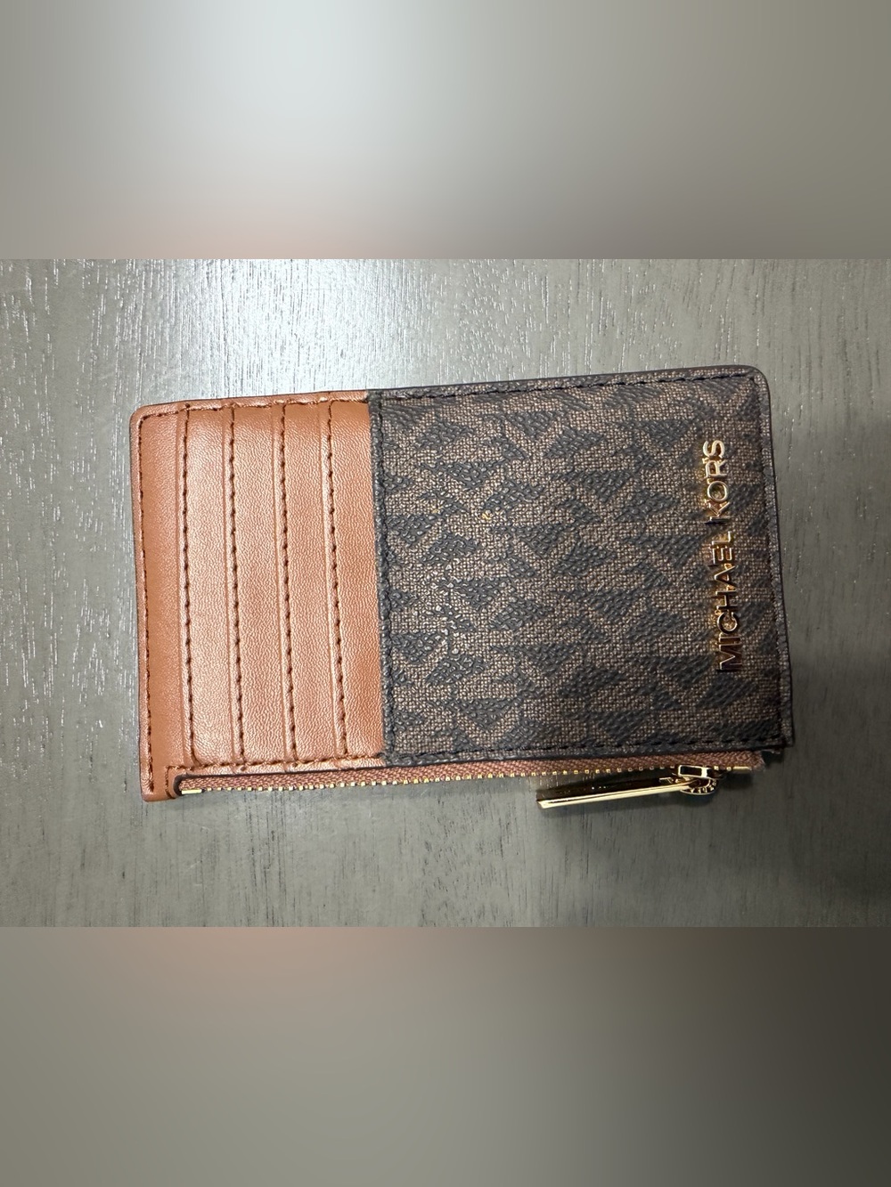 Michael Kors Brown and Black Signature Zip Card Wallet